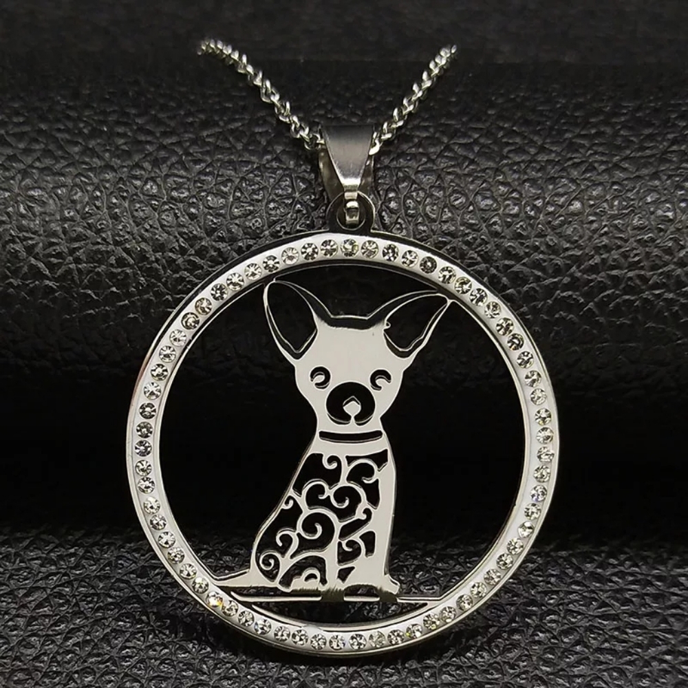 Chihuahua Crystal Circle Pendant Necklace ✴